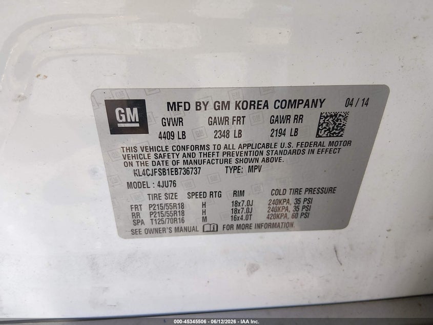 2014 Buick Encore VIN KL4CJFSB1EB736737 IAAI salvage auction — SIDE, Salvage (Pennsylvania), sold $350 on 2026-07-10 (photo 9)