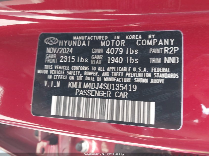 2025 Hyundai Elantra VIN KMHLM4DJ4SU135419 IAAI salvage auction — FRONT END, Wait Title, sold $5,100 on 2026-08-02 (photo 9)