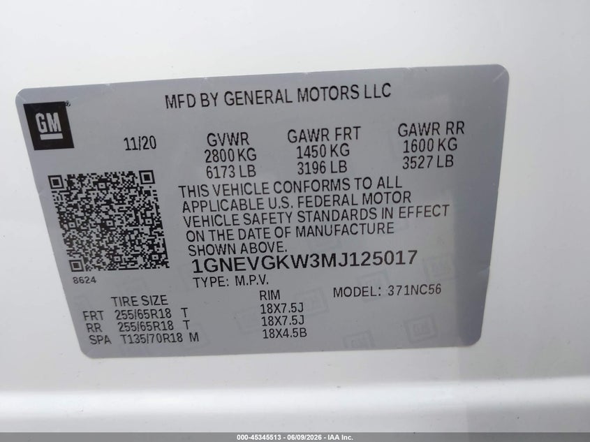 2021 Chevrolet Traverse VIN 1GNEVGKW3MJ125017 IAAI salvage auction — RIGHT FRONT, Rebuildable (Florida), sold $8,000 on 2026-07-27 (photo 9)