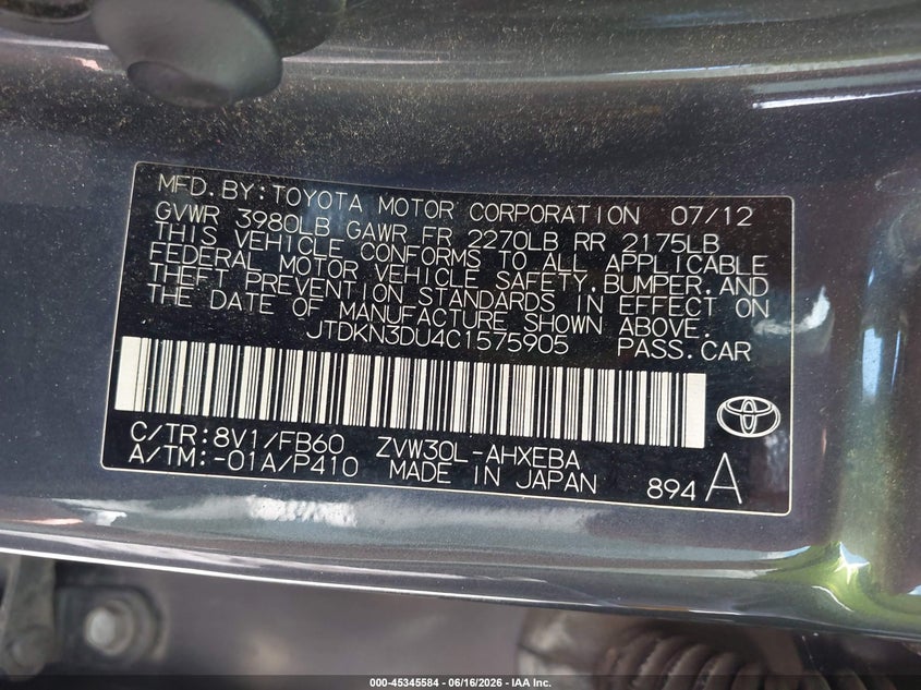 2012 Toyota Prius VIN JTDKN3DU4C1575905 IAAI salvage auction — REAR END, Salvage (Ohio), sold $550 on 2026-07-06 (photo 9)
