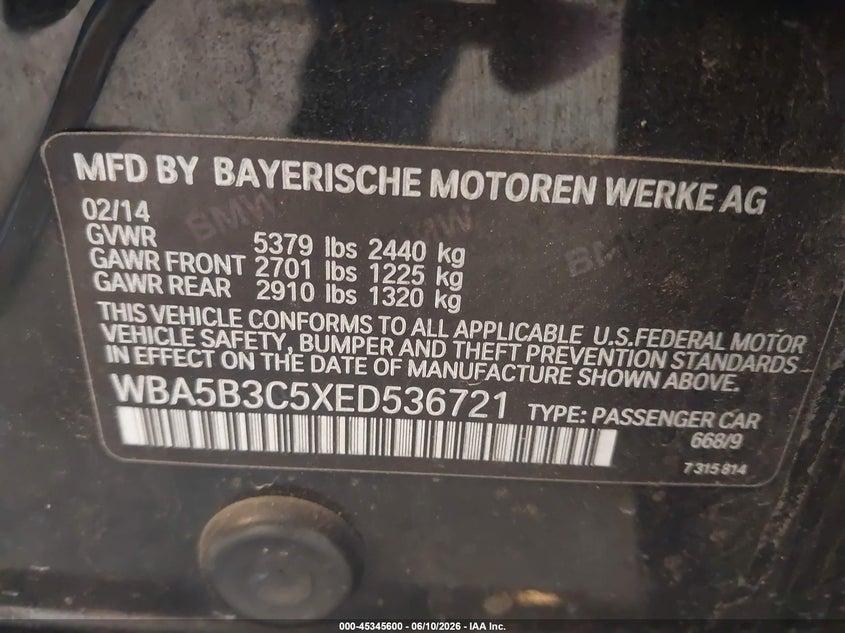 2014 BMW 5er VIN WBA5B3C5XED536721 IAAI salvage auction — ALL OVER, Clear (Michigan), sold $850 on 2026-07-14 (photo 9)