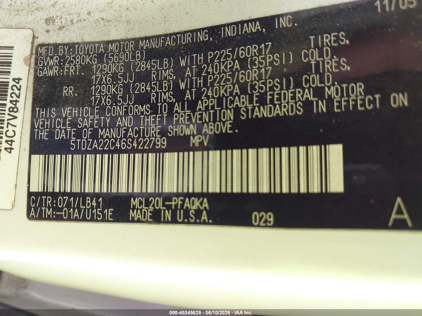 2006 Toyota Sienna VIN 5TDZA22C46S422799 IAAI salvage auction — NORMAL WEAR, Original (Texas), sold $925 on 2026-07-20 (photo 9)