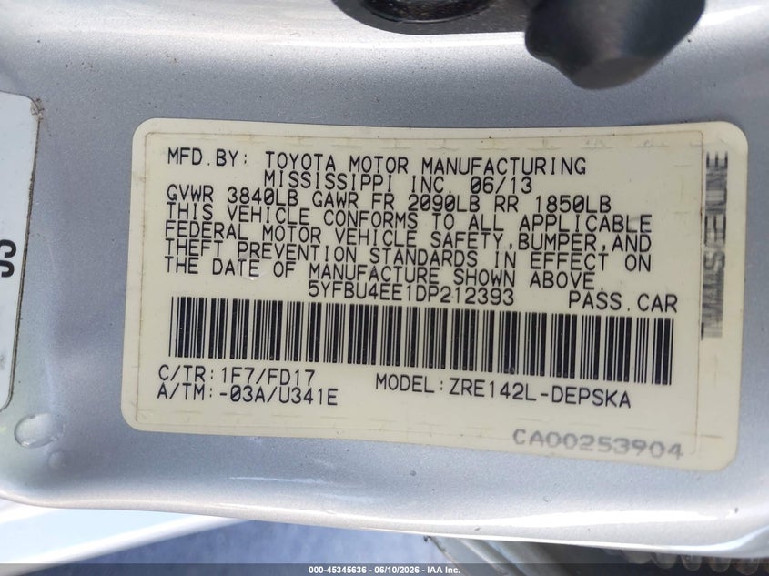 2013 Toyota Corolla VIN 5YFBU4EE1DP212393 IAAI salvage auction — LEFT SIDE, Salvage (Missouri), sold $1,850 on 2026-07-28 (photo 9)