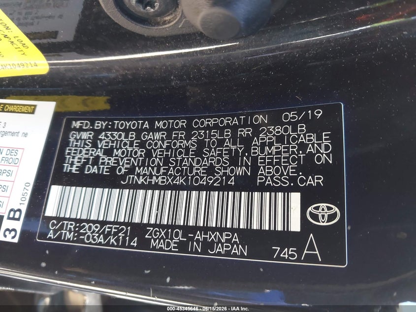 2019 Toyota C-hr VIN JTNKHMBX4K1049214 IAAI salvage auction — FRONT END, Mv-907A (New York), sold $4,975 on 2026-07-07 (photo 9)