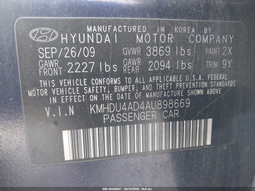 2010 Hyundai Elantra VIN KMHDU4AD4AU898669 IAAI salvage auction — FRONT END, Rebuildable (Florida), sold $350 on 2026-07-06 (photo 9)