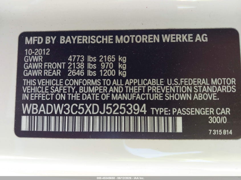 2013 BMW 3er VIN WBADW3C5XDJ525394 IAAI salvage auction — HAIL, Salvage (Illinois), sold $3,500 on 2026-07-14 (photo 9)