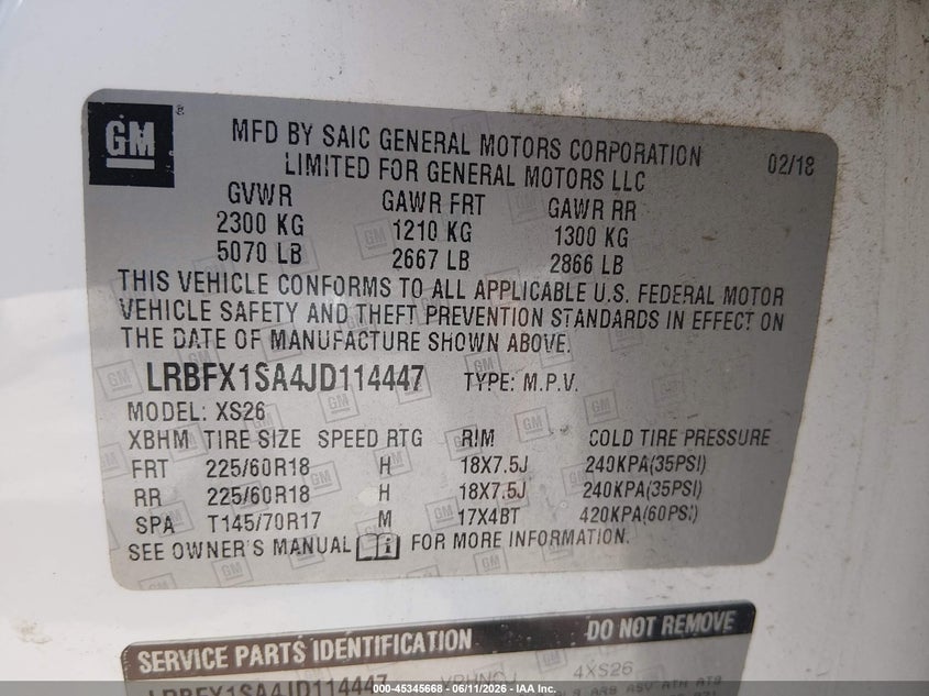 2018 Buick Envision VIN LRBFX1SA4JD114447 IAAI salvage auction — FRONT END, Salvage (Louisiana), sold $950 on 2026-07-20 (photo 9)