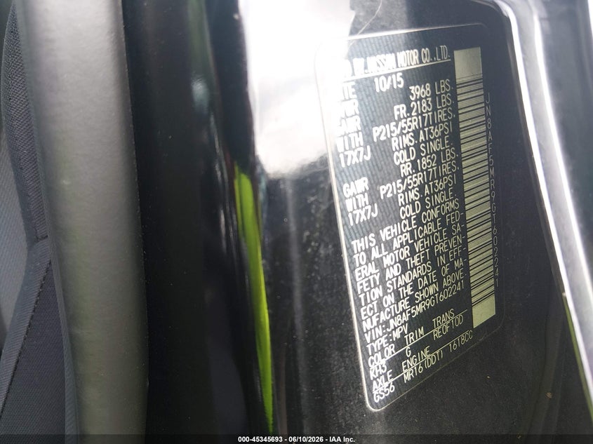 2016 Nissan Juke VIN JN8AF5MR9GT602241 IAAI salvage auction — WATER/FLOOD, Salvage (Tennessee), sold $300 on 2026-07-22 (photo 9)