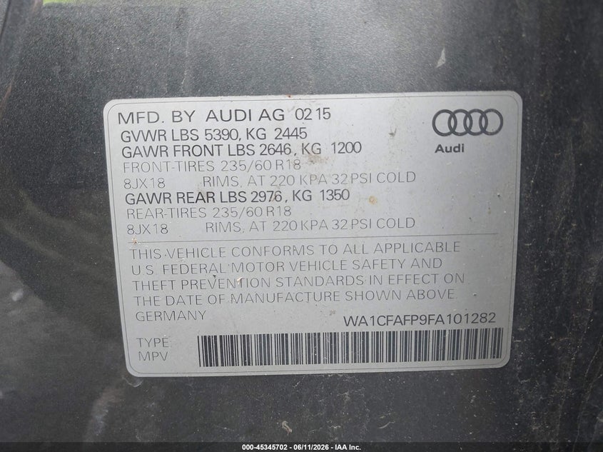 2015 Audi Q5 VIN WA1CFAFP9FA101282 IAAI salvage auction — FRONT END, Mv-907A (New York), sold $1,450 on 2026-07-08 (photo 9)