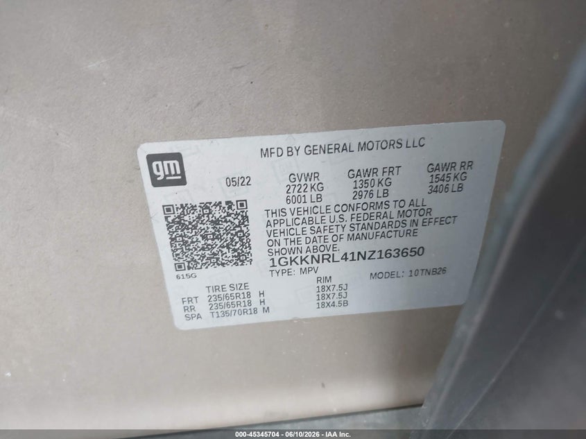 2022 Gmc Acadia VIN 1GKKNRL41NZ163650 IAAI salvage auction — FRONT END, Salvage (Michigan), sold $7,100 on 2026-07-09 (photo 9)