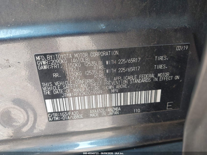 2019 Toyota Rav 4 VIN JTMW1RFV2KD019949 IAAI salvage auction — ROLLOVER, Salvage (Alabama), sold $3,150 on 2026-07-15 (photo 9)
