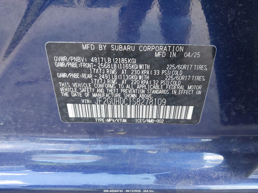 2025 Subaru Xv VIN JF2GUHDC1S8278109 IAAI salvage auction — LEFT REAR, Original (Texas), sold $6,800 on 2026-07-30 (photo 9)