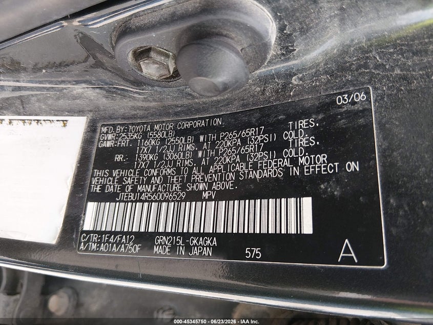 2006 Toyota 4runner VIN JTEBU14R560096529 IAAI salvage auction — FRONT & REAR, Nrc Lienholder Repossession Paperwork (Iowa), sold $25 on 2026-07-28 (photo 9)