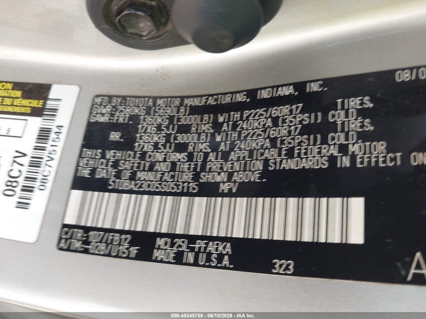 2005 Toyota Sienna VIN 5TDBA23C05S053115 IAAI salvage auction — NORMAL WEAR, Repossession Paperwork (South Carolina), sold $600 on 2026-07-28 (photo 9)