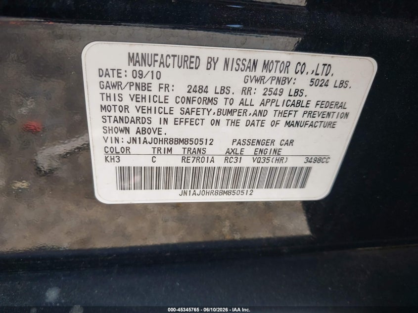2011 Infiniti Ex VIN JN1AJ0HR8BM850512 IAAI salvage auction — RIGHT FRONT, Salvage (Georgia), sold $350 on 2026-07-22 (photo 9)