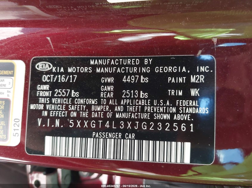 2018 Kia Optima VIN 5XXGT4L3XJG232561 IAAI salvage auction — HAIL, Salvage (Iowa), sold $450 on 2026-07-27 (photo 9)