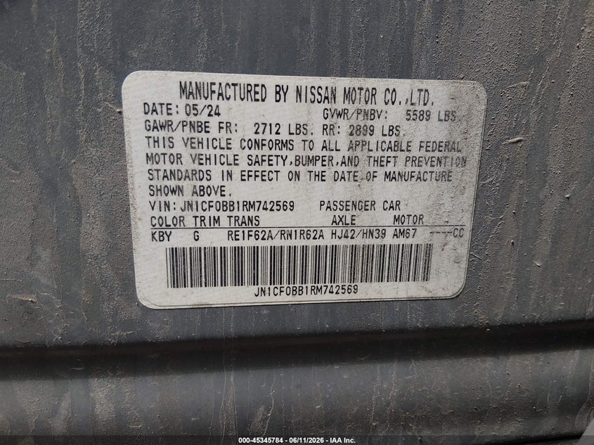 2024 Nissan VIN JN1CF0BB1RM742569 IAAI salvage auction — LEFT REAR, Salvage (Vermont), sold $125 on 2026-07-23 (photo 9)