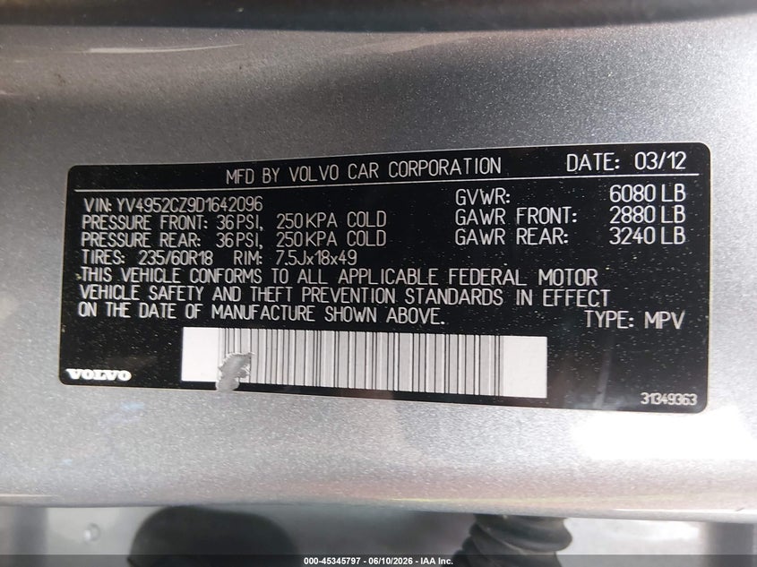 2013 Volvo Xc90 VIN YV4952CZ9D1642096 IAAI salvage auction — FRONT & REAR, Salvage (Vermont), sold $125 on 2026-07-23 (photo 9)
