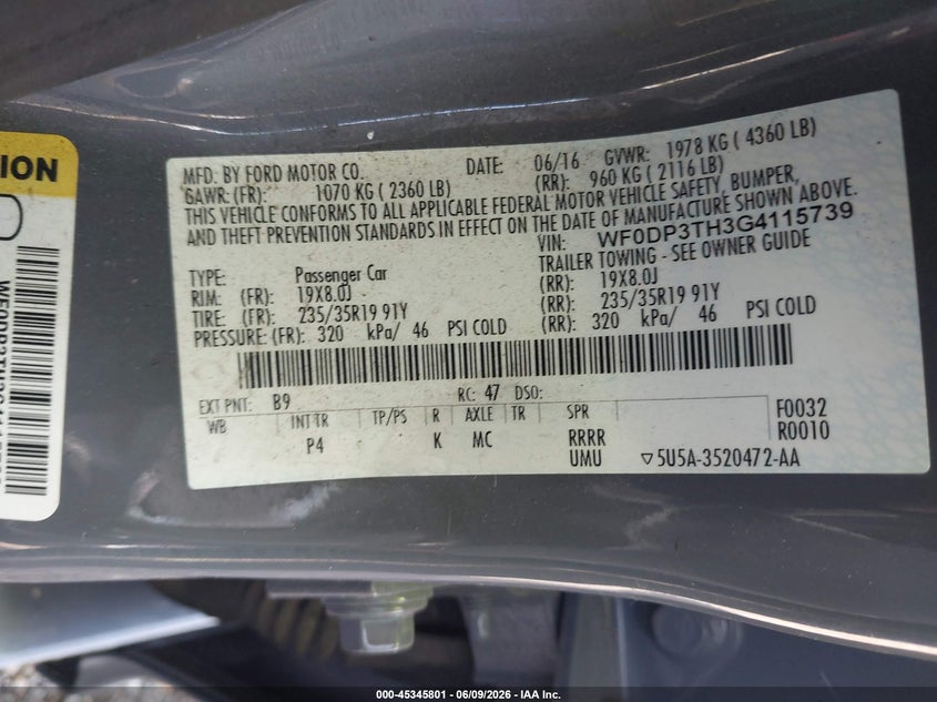 2016 Ford Focus VIN WF0DP3TH3G4115739 IAAI salvage auction — FRONT END, Salvage (Utah), sold $5,350 on 2026-07-22 (photo 9)