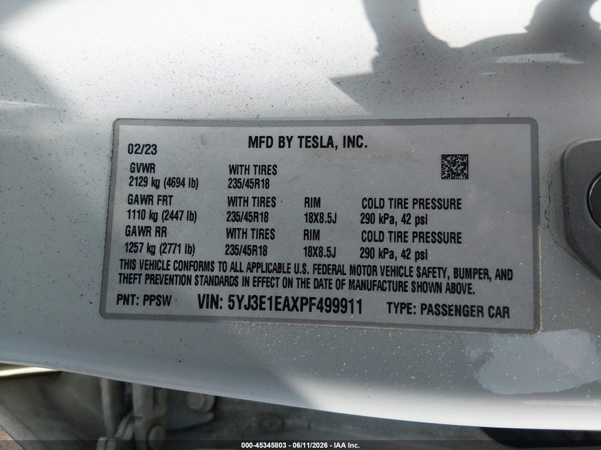 2023 Tesla Model 3 VIN 5YJ3E1EAXPF499911 IAAI salvage auction — REAR END, Salvage Title, sold $6,100 on 2026-07-23 (photo 9)