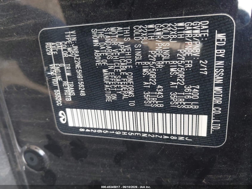 2017 Infiniti Qx80 VIN JN8AZ2NE5H9156248 IAAI salvage auction — RIGHT SIDE, Wait Title, sold $9,050 on 2026-08-14 (photo 9)