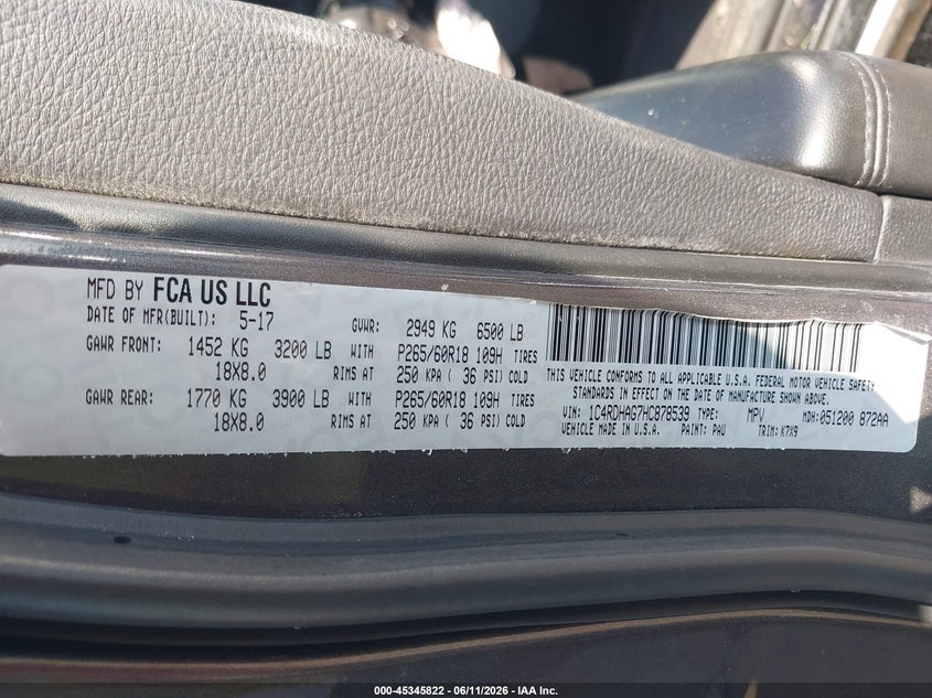 2017 Dodge Durango VIN 1C4RDHAG7HC878539 IAAI salvage auction — SIDE, Salvage (Alabama), sold $1,850 on 2026-07-09 (photo 9)