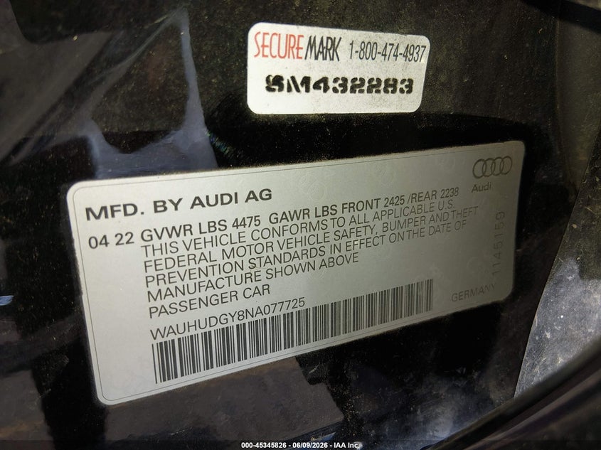 2022 Audi A3 VIN WAUHUDGY8NA077725 IAAI salvage auction — REAR END, Salvage (Colorado), sold $13,700 on 2026-07-31 (photo 9)