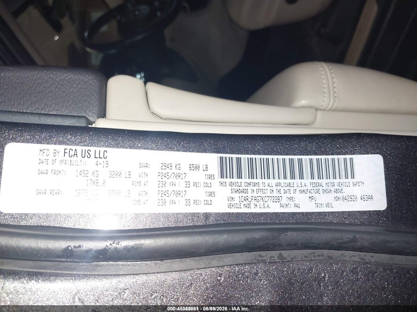 2019 Jeep Grand cherokee VIN 1C4RJFAG7KC772287 IAAI salvage auction — HAIL, Sf97 (Wisconsin), sold $11,400 on 2026-07-20 (photo 9)