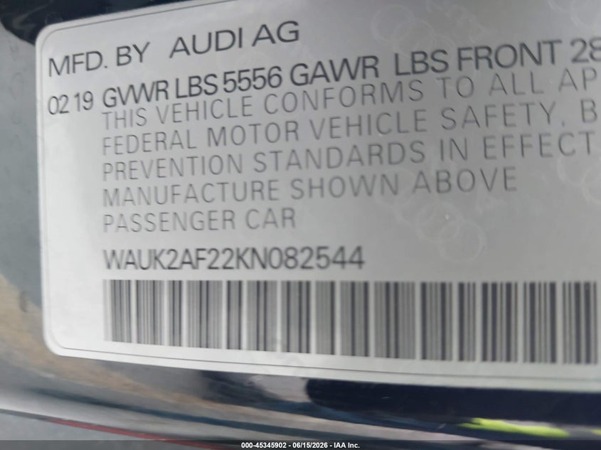 2019 Audi A6 VIN WAUK2AF22KN082544 IAAI salvage auction — FRONT END, Salvage (California), sold $7,800 on 2026-08-03 (photo 9)