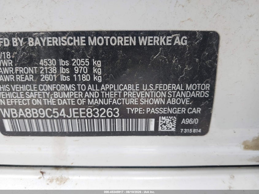2018 BMW 3er VIN WBA8B9C54JEE83263 IAAI salvage auction — FRONT END, Clear (Wisconsin), sold $2,875 on 2026-07-22 (photo 9)