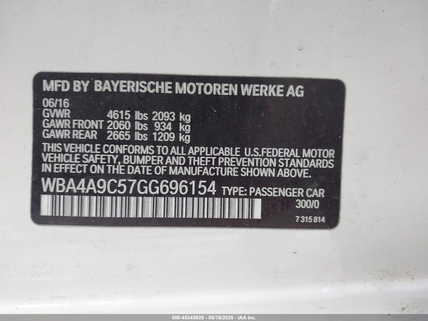 2016 BMW 4er VIN WBA4A9C57GG696154 IAAI salvage auction — WATER/FLOOD, Salvage (Texas), sold $1,300 on 2026-07-20 (photo 9)