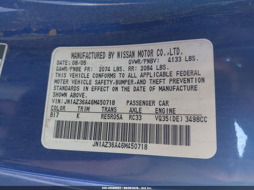 2006 Nissan 350z VIN JN1AZ36A46M450718 IAAI salvage auction — LEFT REAR, Salvage (Idaho), sold $25 on 2026-07-21 (photo 9)
