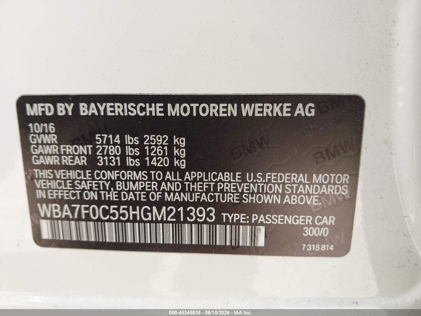 2017 BMW 7er VIN WBA7F0C55HGM21393 IAAI salvage auction — RIGHT SIDE, Original (Texas), sold $6,200 on 2026-08-20 (photo 9)
