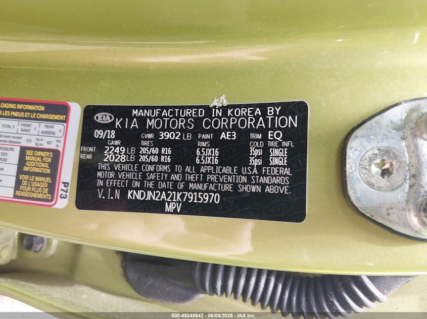 2019 Kia Soul VIN KNDJN2A21K7915970 IAAI salvage auction — RIGHT FRONT, Salvage (Ohio), sold $875 on 2026-07-29 (photo 9)