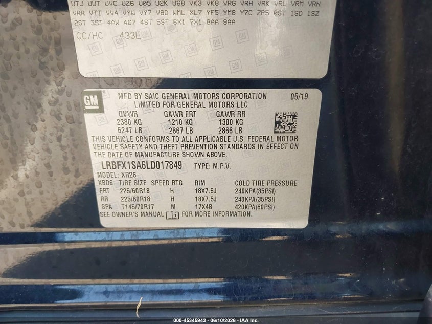 2020 Buick Envision VIN LRBFX1SA6LD017849 IAAI salvage auction — RIGHT FRONT, Salvage (Indiana), sold $2,550 on 2026-07-07 (photo 9)