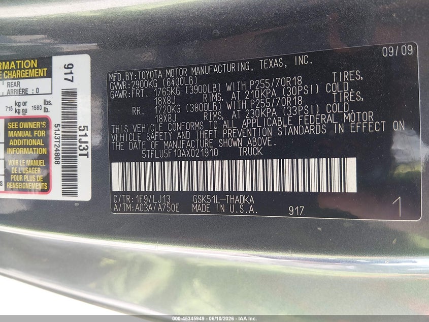 2010 Toyota Tundra VIN 5TFLU5F10AX021910 IAAI salvage auction — SIDE, Salvage - Greater Than 75% (Maryland), sold $2,200 on 2026-07-11 (photo 9)