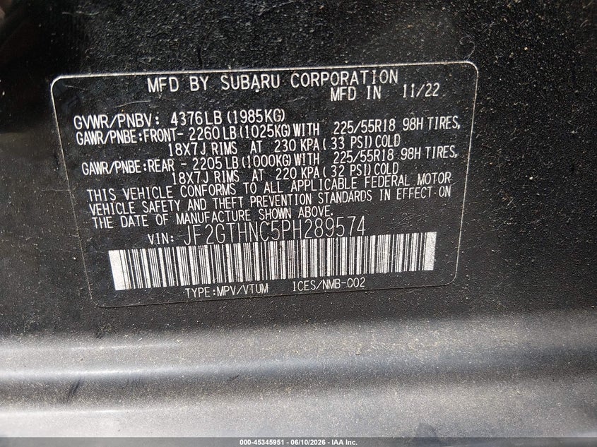 2023 Subaru Xv VIN JF2GTHNC5PH289574 IAAI salvage auction — HAIL, Salvage Title, sold $3,900 on 2026-07-28 (photo 9)