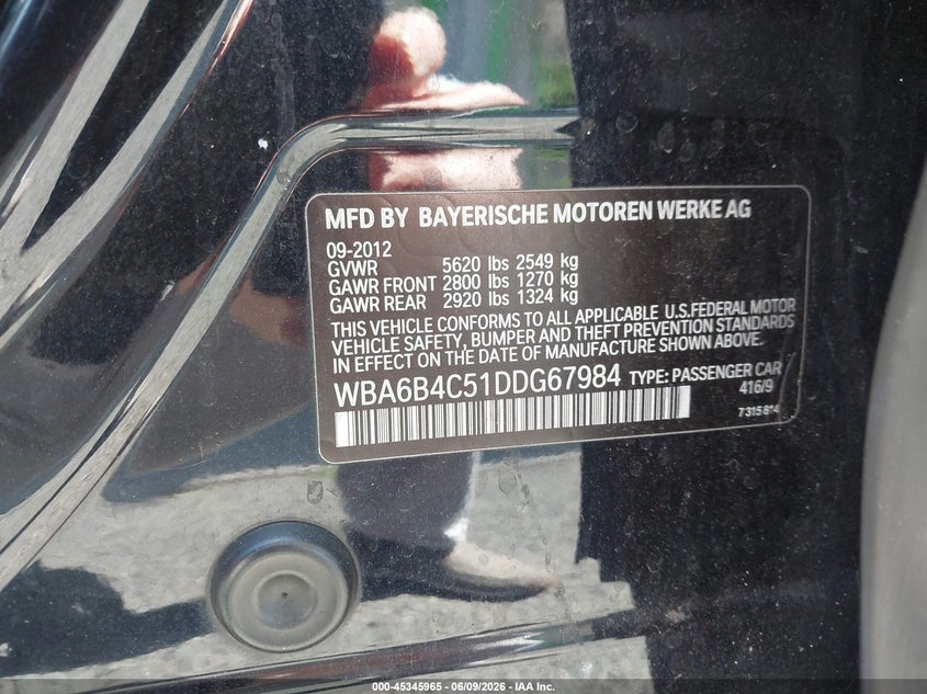 2013 BMW VIN WBA6B4C51DDG67984 IAAI salvage auction — RIGHT SIDE, Clear (New Jersey), sold $3,900 on 2026-07-27 (photo 9)