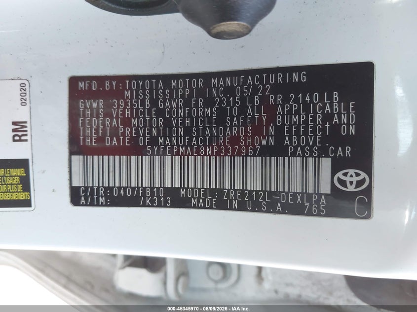 2022 Toyota Corolla VIN 5YFEPMAE8NP337967 IAAI salvage auction — FRONT END, Salvage (California), sold $5,000 on 2026-07-22 (photo 9)