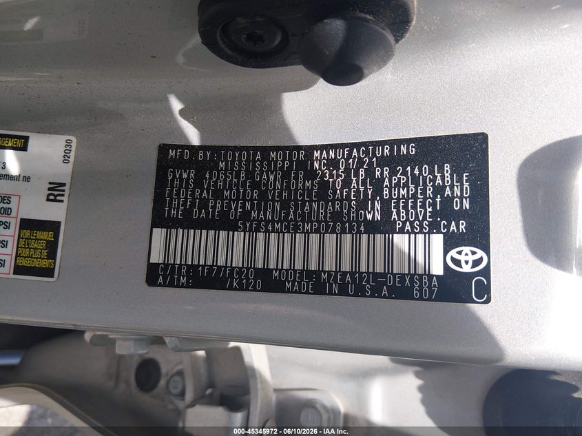 2021 Toyota Corolla VIN 5YFS4MCE3MP078134 IAAI salvage auction — FRONT & REAR, Salvage (Louisiana), sold $2,700 on 2026-07-08 (photo 9)