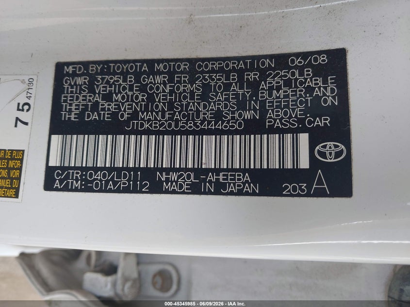 2008 Toyota Prius VIN JTDKB20U583444650 IAAI salvage auction — FRONT END, Clear (Indiana), sold $1,350 on 2026-07-10 (photo 9)
