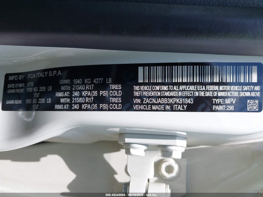 2019 Jeep Renegade VIN ZACNJABB3KPK81843 IAAI salvage auction — FRONT END, Salvage (Illinois), sold $775 on 2026-07-28 (photo 9)