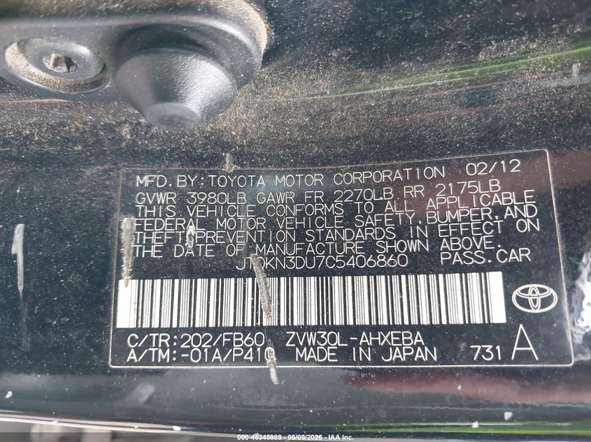 2012 Toyota Prius VIN JTDKN3DU7C5406860 IAAI salvage auction — NORMAL WEAR, Clear (North Carolina), sold $1,575 on 2026-07-17 (photo 9)