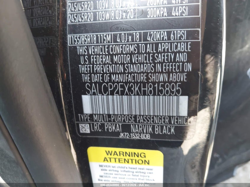 2019 Land rover Discovery sport VIN SALCP2FX3KH815895 IAAI salvage auction — FRONT END, Salvage (New Jersey), sold $2,800 on 2026-07-15 (photo 9)
