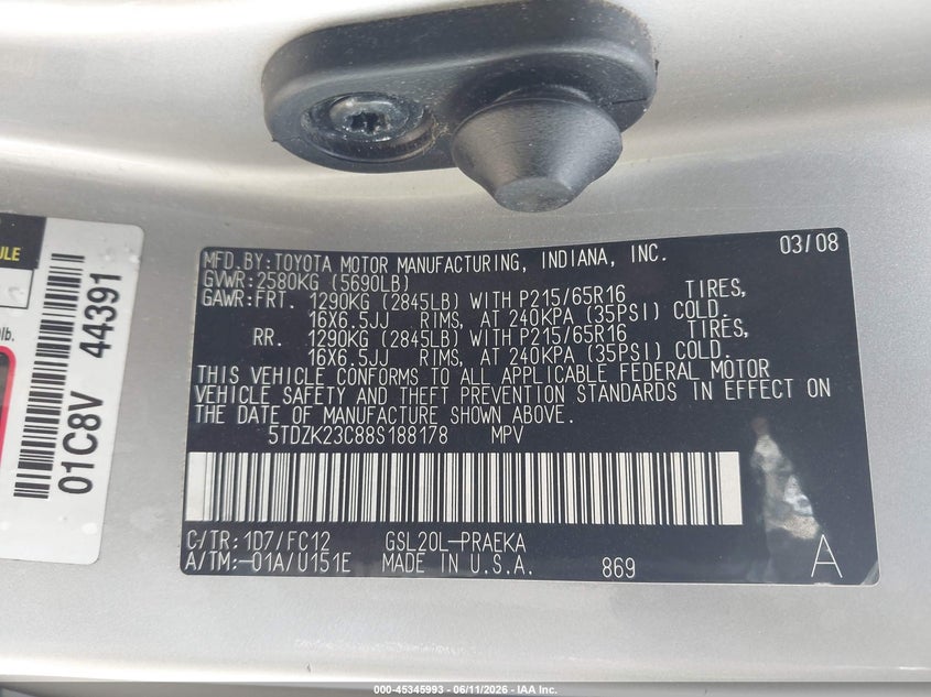 2008 Toyota Sienna VIN 5TDZK23C88S188178 IAAI salvage auction — Burn Interior, Junk Bill Of Sale Mv2459 (Wisconsin), sold $375 on 2026-07-14 (photo 9)