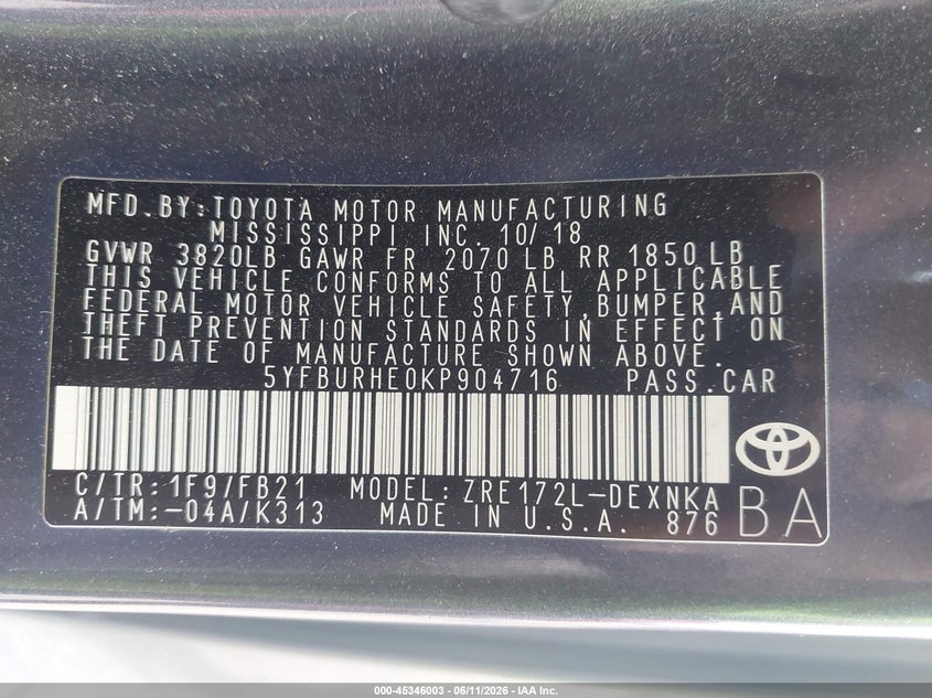 2019 Toyota Corolla VIN 5YFBURHE0KP904716 IAAI salvage auction — FRONT END, Original (Texas), sold $3,250 on 2026-07-29 (photo 9)