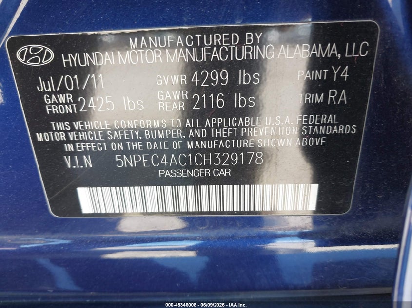 2012 Hyundai Sonata VIN 5NPEC4AC1CH329178 IAAI salvage auction — NORMAL WEAR, Clear (Pennsylvania), sold $550 on 2026-07-10 (photo 9)