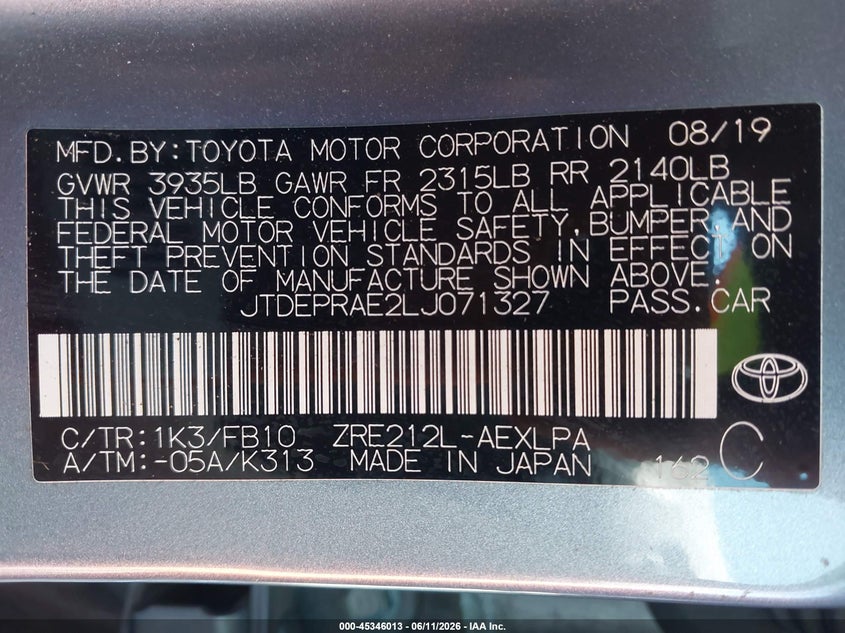 2020 Toyota Corolla VIN JTDEPRAE2LJ071327 IAAI salvage auction — FRONT END, Salvage Title, sold $3,550 on 2026-07-30 (photo 9)