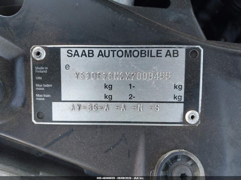 1999 Saab 9-3 VIN YS3DF78N2X7000455 IAAI salvage auction — REAR END, Original (Ohio), sold $350 on 2026-07-09 (photo 9)