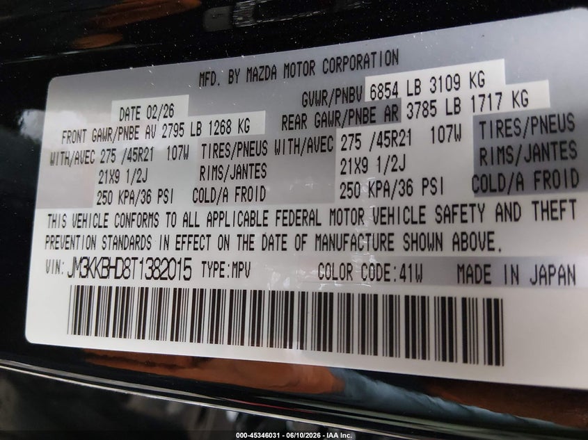 2026 Mazda Cx-90 VIN JM3KKBHD8T1382015 IAAI salvage auction — FRONT END, Salvage Title, sold $7,250 on 2026-09-02 (photo 9)